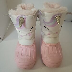 Cat & Jack Girl's Pink White Unicorn Winter Snow Boots Shoes Size 10 Adjustable